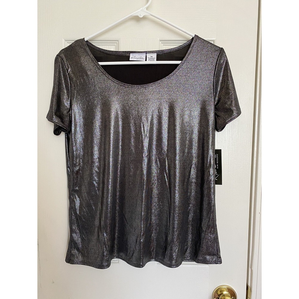 Kim Rogers Petite Silver Foil Crew Neck Tee Metallic Short Sleeve Top PM NWT